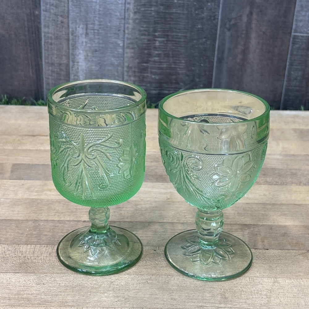 Vintage Tiara Indiana Glass Green Goblets Set of 2 Floral Pressed Glass Mixed